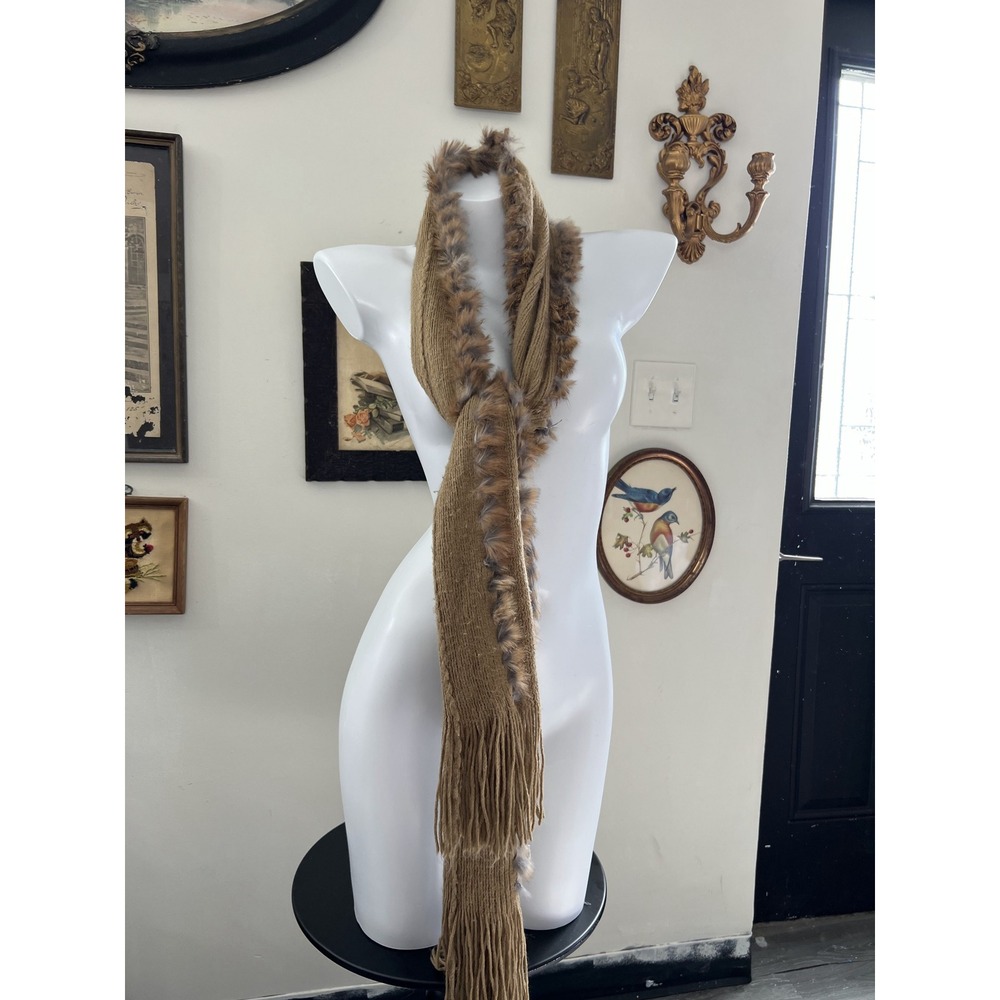 Daia Stein Tan Knit Scarf with Real Fur Trim